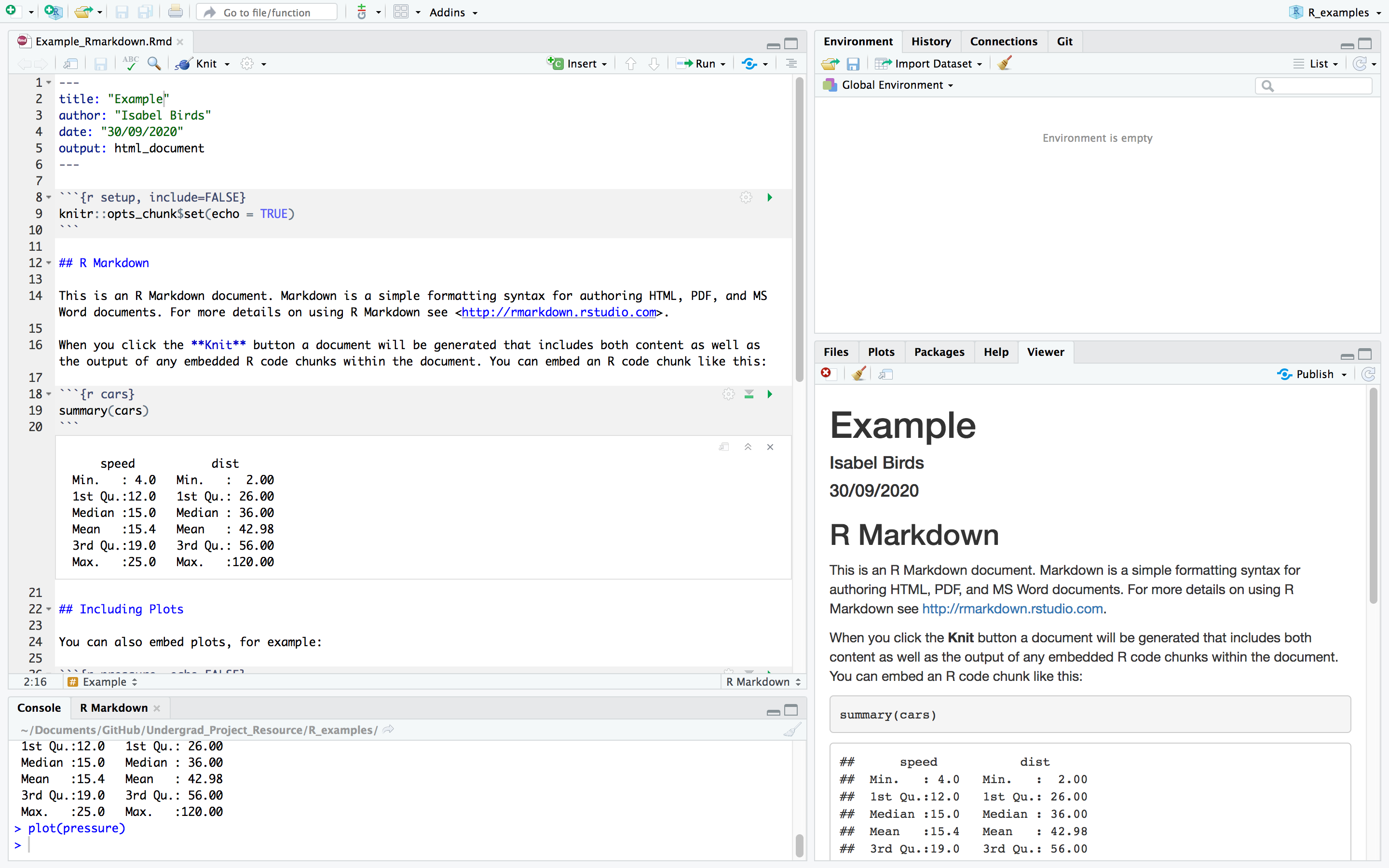 A screenshot of Rstudio, showing an example Rmarkdown document.